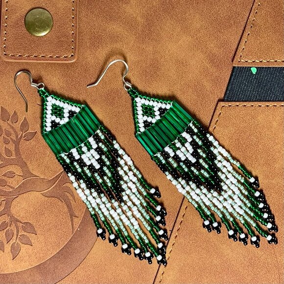 Handcrafted Green & Black Beaded Fringe Earrings With Geometric Tribal Design - Picture 3 of 3